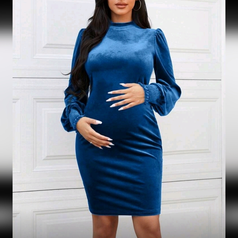 SHEIN Blue Velvet Long Sleeve Dress